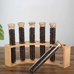 6Pcs Coffee Bean Storage Tubes With Wooden Holder Stand Transparent Coffee Bean Storage Container Glass Food Storage Jars