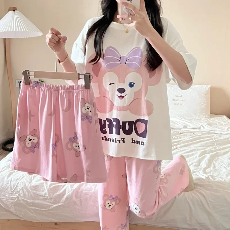 3pcs Disney Mickey Women Pajamas Set Anime Summer Short Sleeve Shorts Sleepwear Round Neck Nightshirt Homewear Clothes Gifts