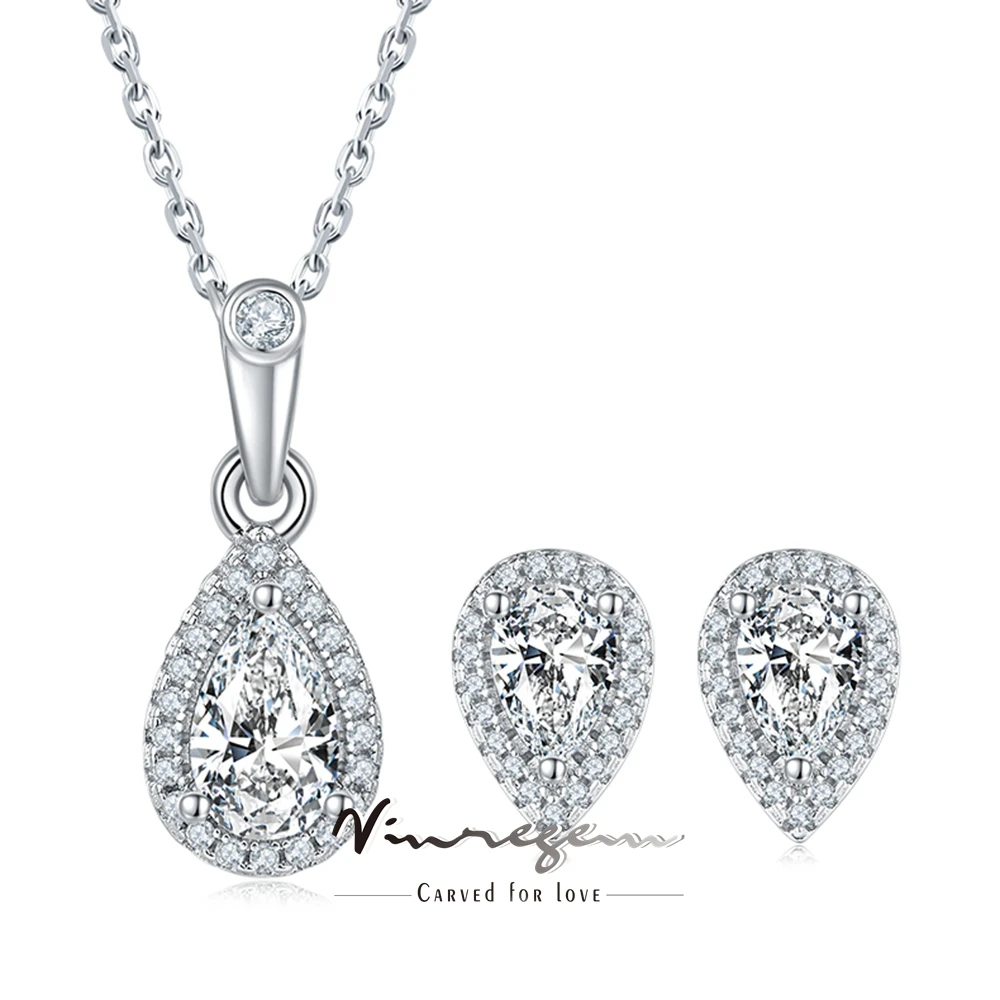 

Vinregem 100% 925 Sterling Silver 3EX VVS1 D Color Pear Cut 5*8 MM Moissanite Pass Test Diamond Necklaces/Earrings Jewelry Sets