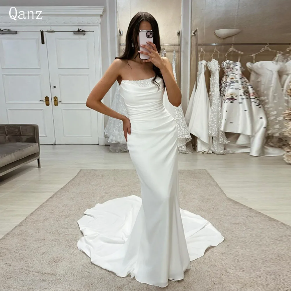 

Qanz Modest Mermaid Wedding Dresses for Bridal Gowns Sparkly Pearls Pleat Plus Size Robe De Mariee Custom 2024 Vestidos De Novia