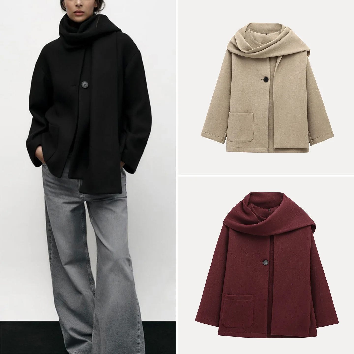 

Versatile Long Sve round Ne Coat 2025 Autumn New Women's Faion Scarf Matching Outerwear Z Commute Sle Woolen Ja...