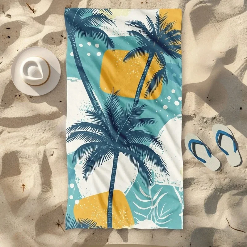 Retro Geometric Blue Yellow Coconut Palm Tree Print Beach Towel Soft Bath Blanket Lightweight Towel For Beach Pool Summer Travel