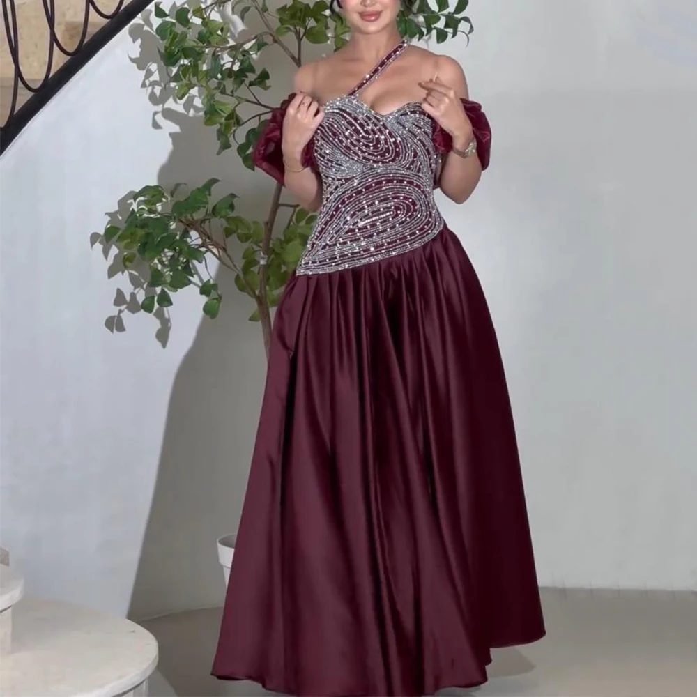 Flechazo Exquisite Beading A-Line Evening Dress Off the Shoulder Short Sleeve Classic Satin Floor Length Customized Gowns