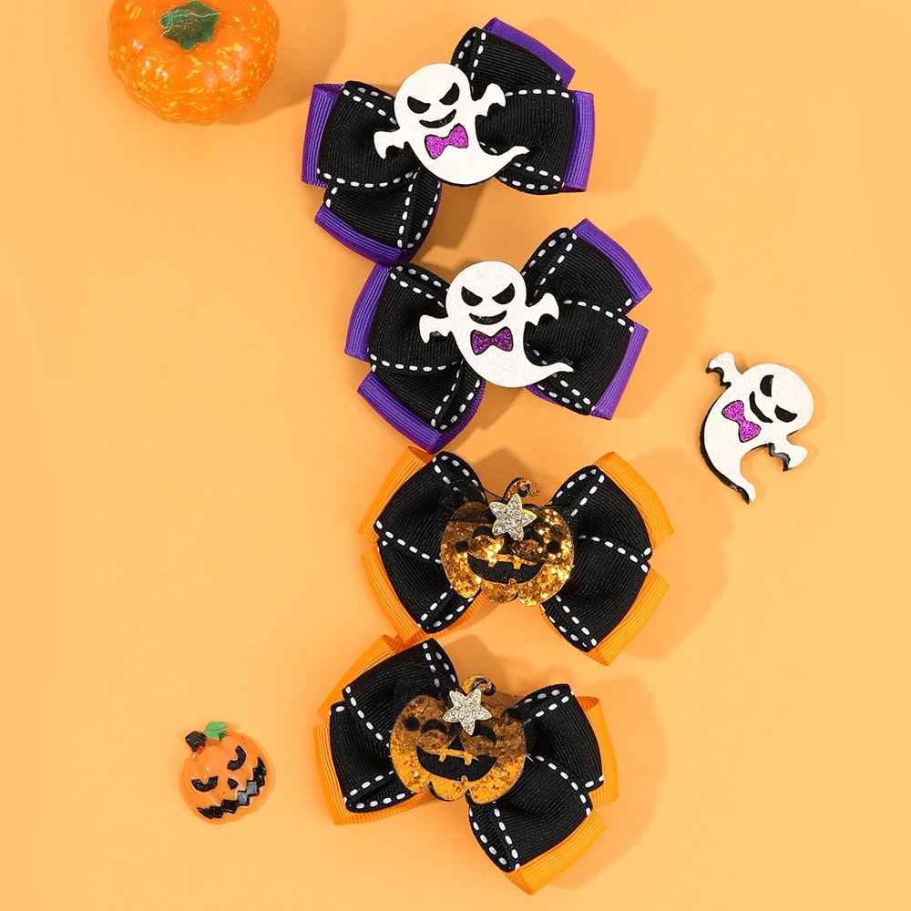 2Pcs Halloween Ghost Bow Hair Clips Cute Pumpkin Mesh Bownot Hairpins For Girls Children Gothic Headwear Hair Accessories