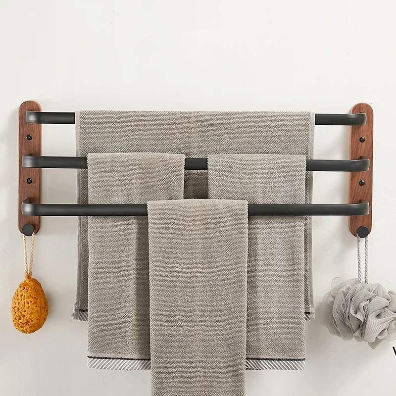 

Solid Wood Bath Towel Bars Double Bathroom Ladder Three Layer Towel Holder Rails Wall Mounted BlackTowels Shelves Rack