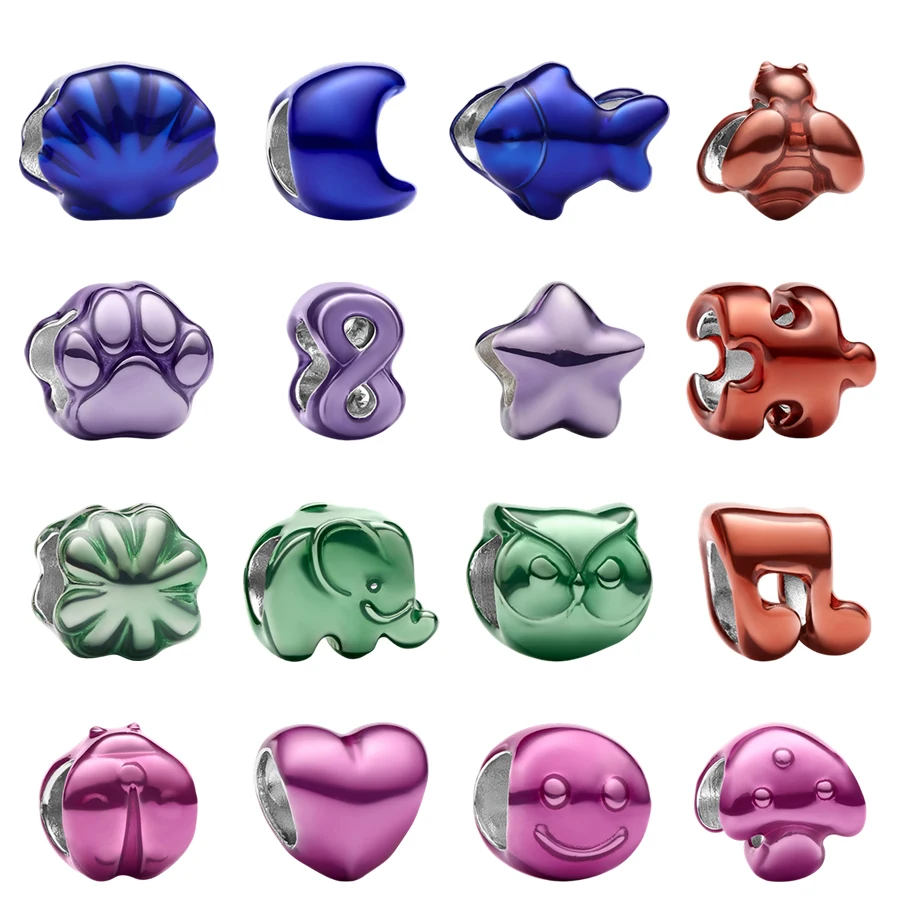 2026 New Pink Blue GreenMini Charms Fish Shell Elephant Star Moon Sun Beads Fit Original 925 Silver Bracelets DIY Jewelry Gifts