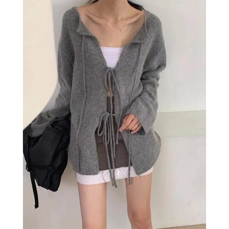 2024 Autumn for Women Crop Tops Vintage Korean Retro High Street Hollow Out Bandage Sweater Cardigan Knit Jacket Tops