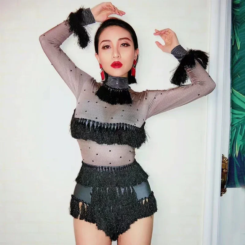 Black Rhinestones Fringed Bodysuit Women Jazz Dance Clothing Nightclub Dj Ds Stage Gogo Dance Costumes Festival Outfit XS6704