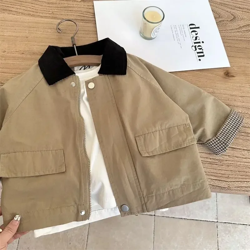 Trench outerwear turn-down colarinho zíper manga cheia 2023 primavera loods algodão simples limpo moda casual confortável criança unisex