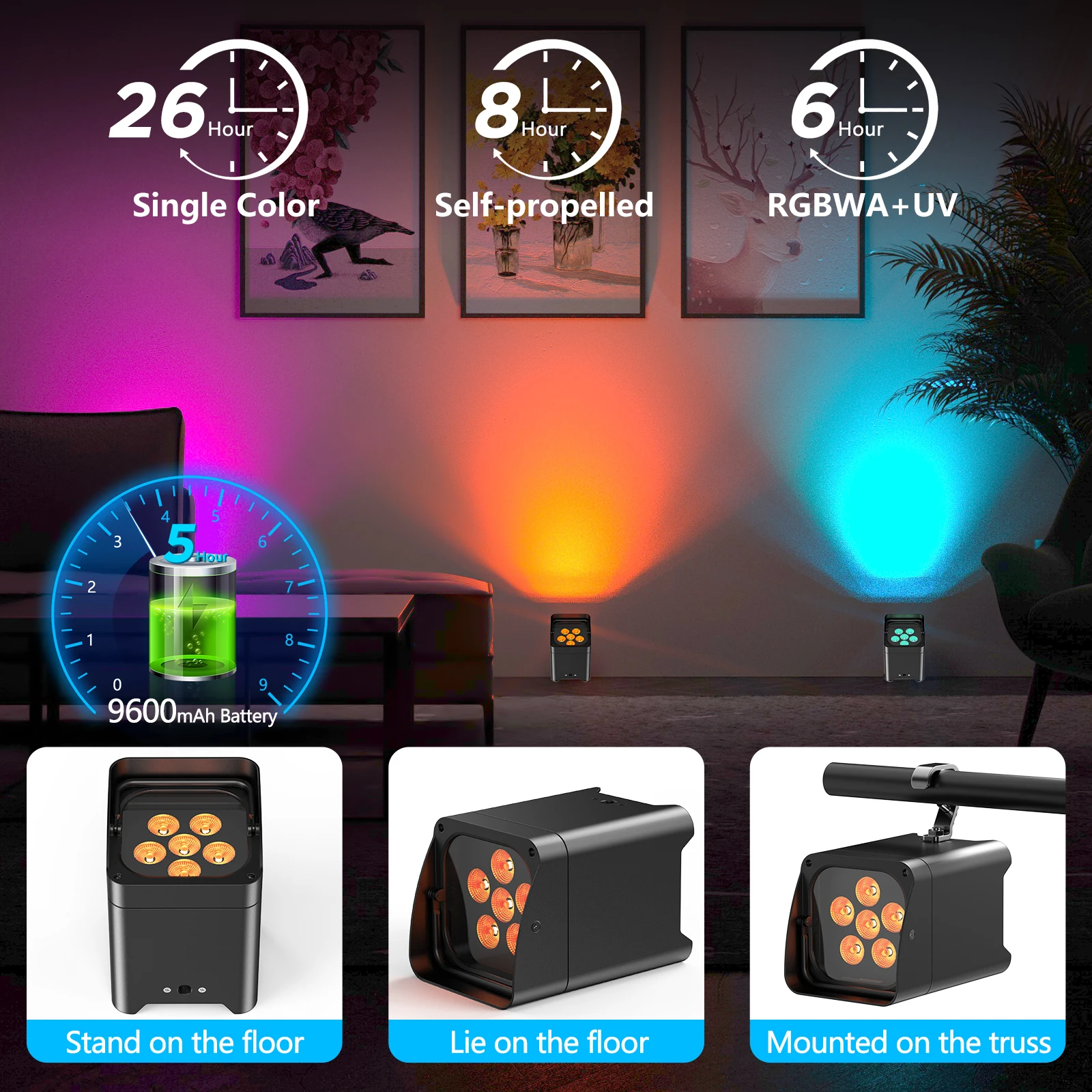 U'King 4 قطعة بطارية لاسلكية سوداء ضوء الاسمية 18 واط RGBWA + UV 6IN1 LED الخرز APP وجهاز التحكم عن بعد ضوء المرحلة لشريط حفل الزفاف