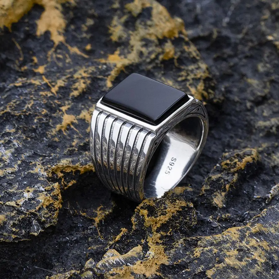 Wholesale Real 925 Sterling Silver Men Vintage Natural Black Agate Stone Handmade Fashion Rings Men Silver Ring
