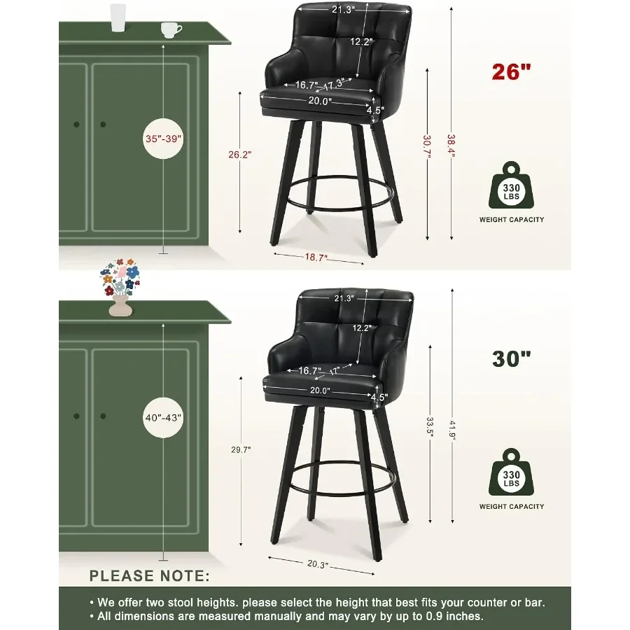 360°Swivel Counter Height Bar Stools with Back, 26 inch Solid Wood Legs, Bar Stool Modern Kitchen Island Chairs, Faux Leather