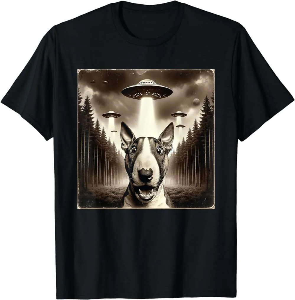 Funny Bull Terrier Selfie with UFOs Alien Men Women Dog Love T-Shirt, Unisex Tee