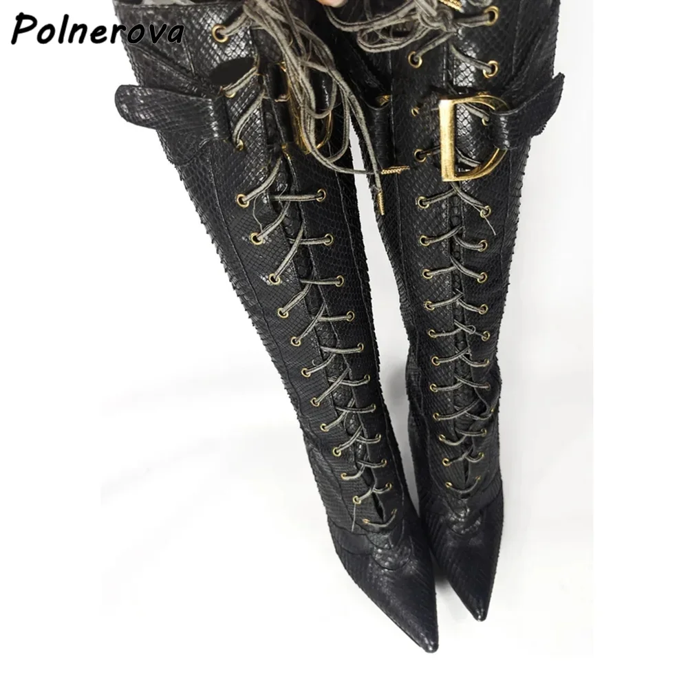 Black Snakeskin Metal Buckle Boots Solid Red Green & Leopard Thorn Cross Tied Sexy Shoes Women's Winter Runway Knee High Boots