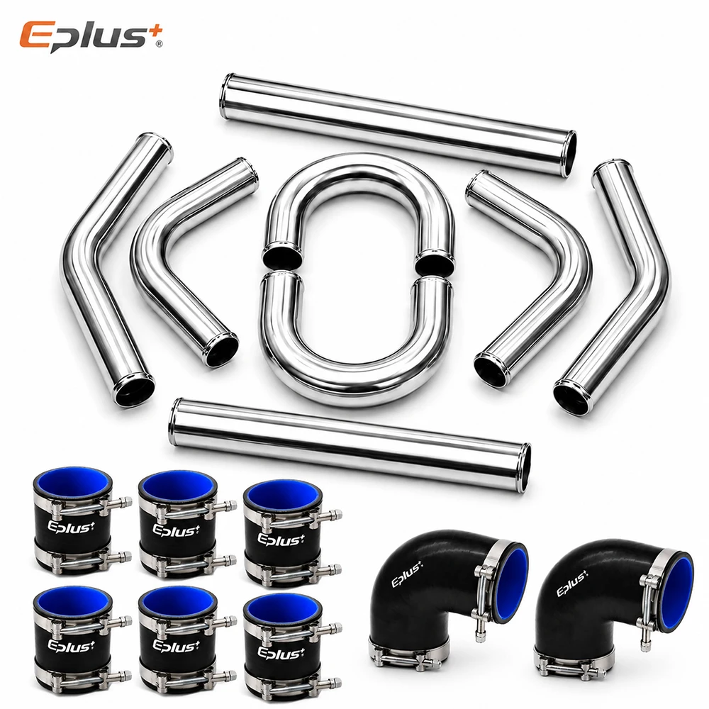 Length 500MM Universal Aluminum Car Intercooler Turbo Pipe Kit Turbo Intake Piping Set with Silicone Hoses & Clamps 51/63/76MM