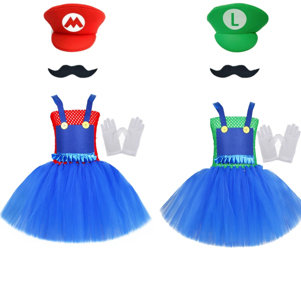 

Kids Anime Super Brothers Tutu Dress Girls Fancy Dress Toddler Fancy Cartoon Characters Dress Up Clothes with Hat, gloves, beard