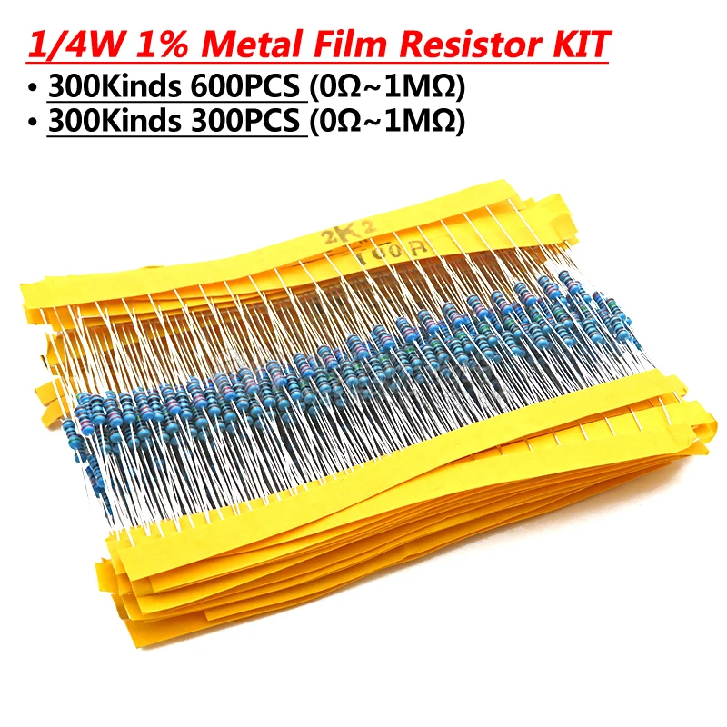 

600pcs/set 30 Kinds 1/4W Resistance 1% Metal Film Resistor Pack Assorted Kit 1K 10K 100K 200K 220 ohm 1M Resistors 300pcs/set