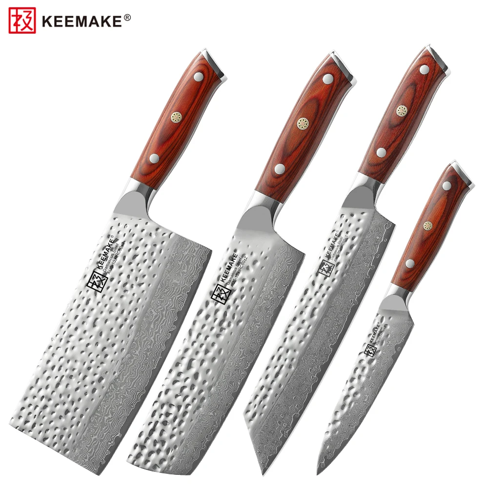 

KEEMAKE Damascus Steel Chef Kitchen Knives Set 7'' Cleaver Chopping Knife 8'' Gyuto Butcher Japanese Style Full Tang Sharp Blade