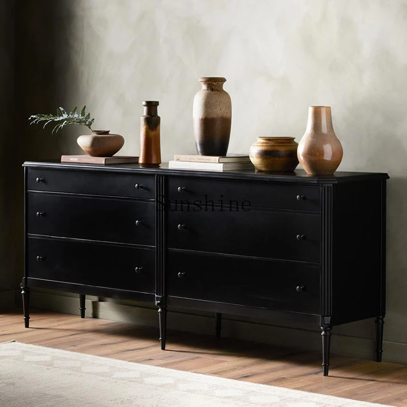 

French black solid wood porch cabinet, small apartment living room against the wall, dining side storage side cabinet