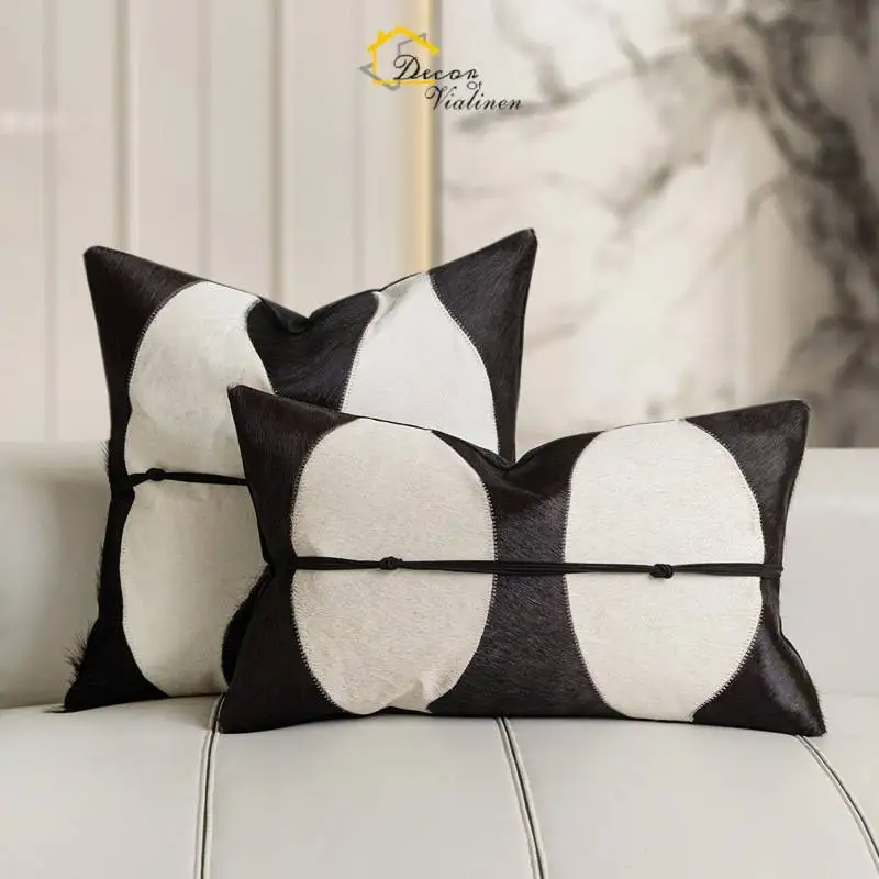 Premium Sofa Throw Pillow Cover – Beige & Black Cowhide Leather Patchwork Cushion Case, Elegant Decorative Accent Pillow