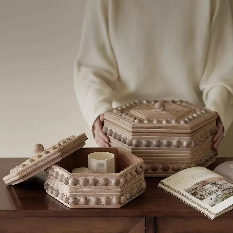 

Wabi Sabi Wooden Storage Box Handmade Hexagonal Decorative Container Vintage Desktop Jewelry Box Home Showroom Display Decor