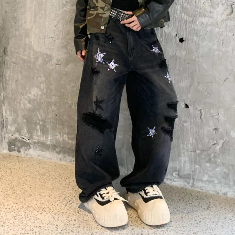 

Trendy Brand Loose Straight Black Jeans 2026 Spring Autumn Winter New Men's American Style Washed Fake Ripped Pants