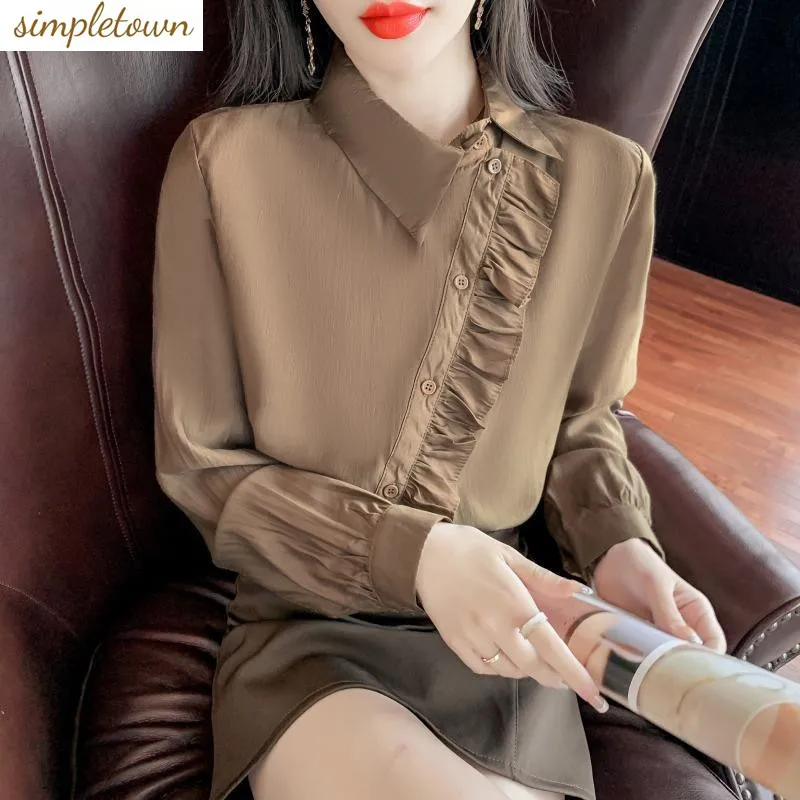 

24 Summer New Unique Shirt Ruffle Edge Diagonal Buckle Long Sleeved Shirt Women's Fashion Versatile Top