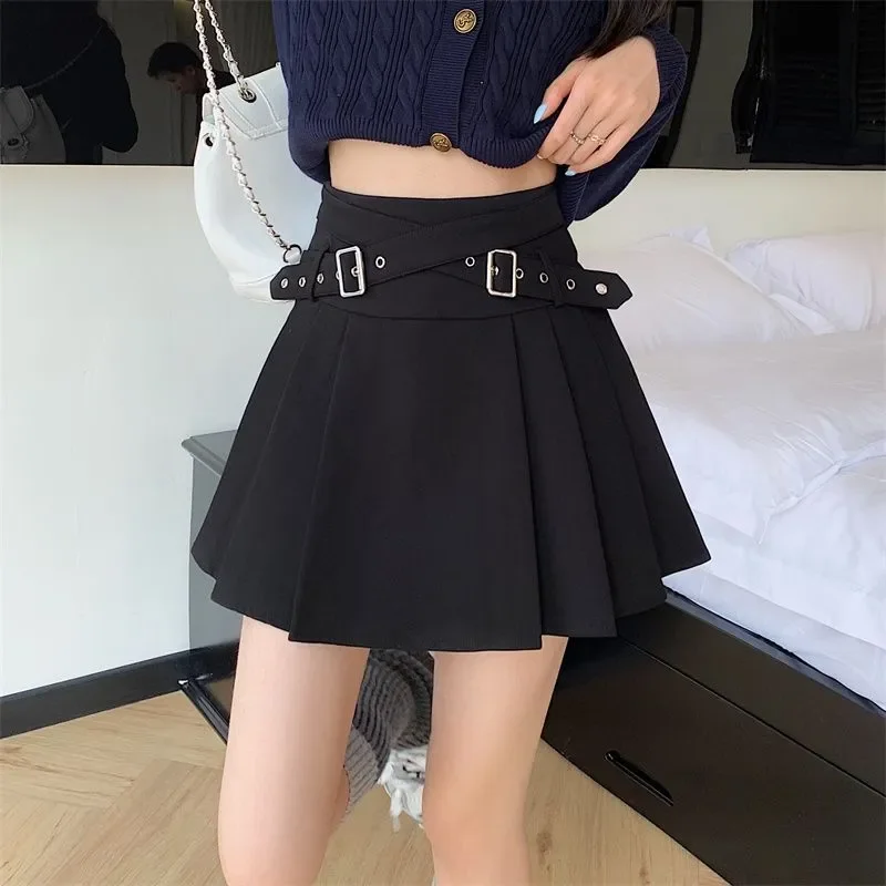 Women Spring High Waist Double Buckle Pleated A Line Mini Skirt Formal Suit Fabric Half Skirt S-3XL