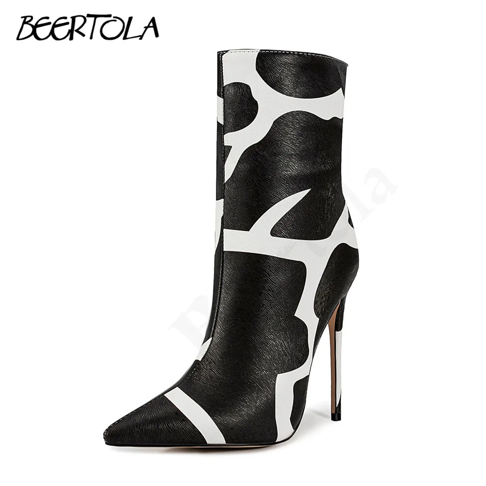 

Irregular Stripes Pointed Toe Short Boots Stiletto Heels Side Zipper Sexy Nude Boots Large Size Fashion Elegant Women's Boots