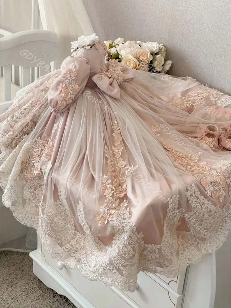 Infants Christening Dress With Bow Sequined Appliqued Tulle Baptism Dress Customized Baby Girls Party Ball Gown for Flower Girls