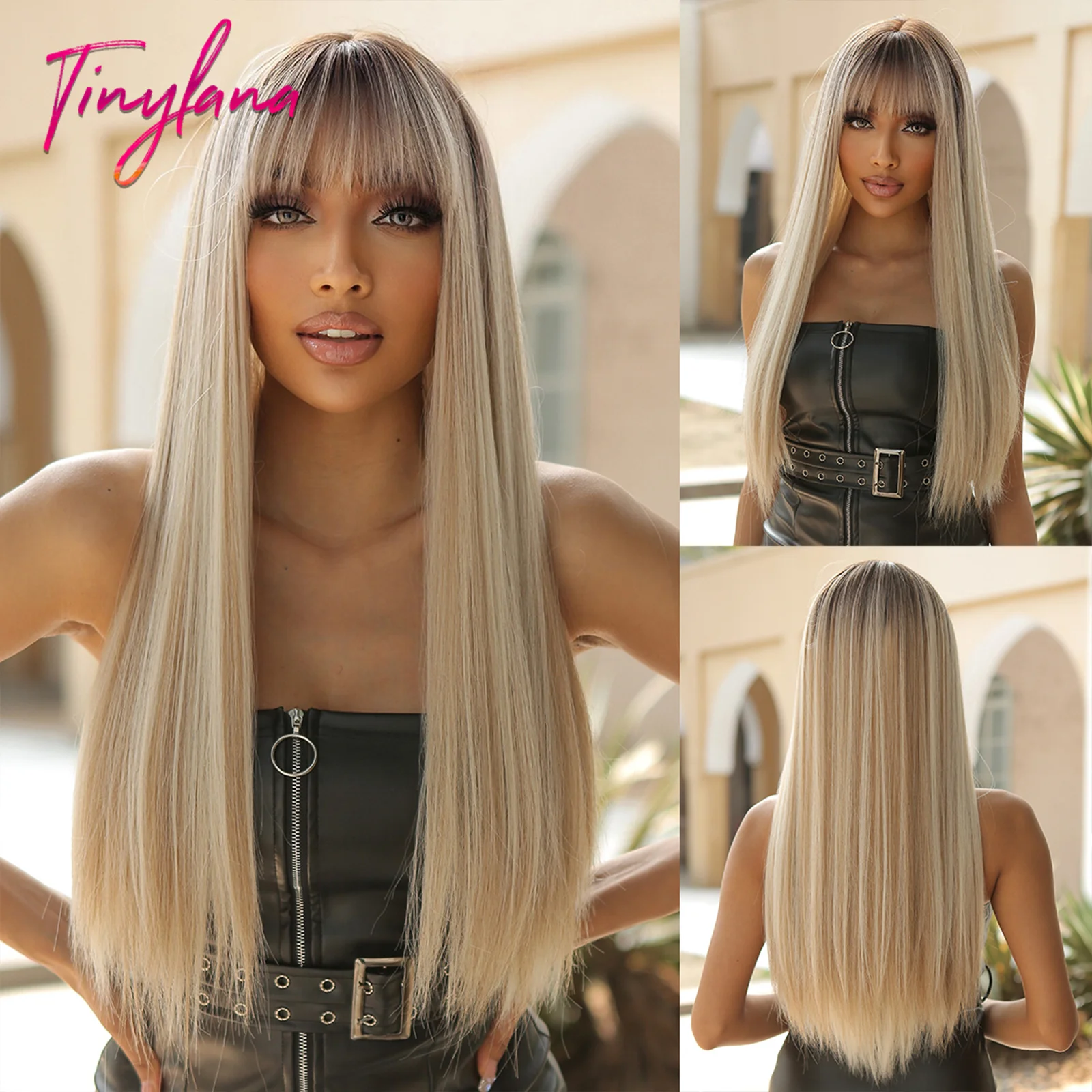 Platinum Mixed Blonde Long Straight Synthetic Wigs Cosplay Ombre Natural Hair with Bangs for White Women Daily Heat Resistant