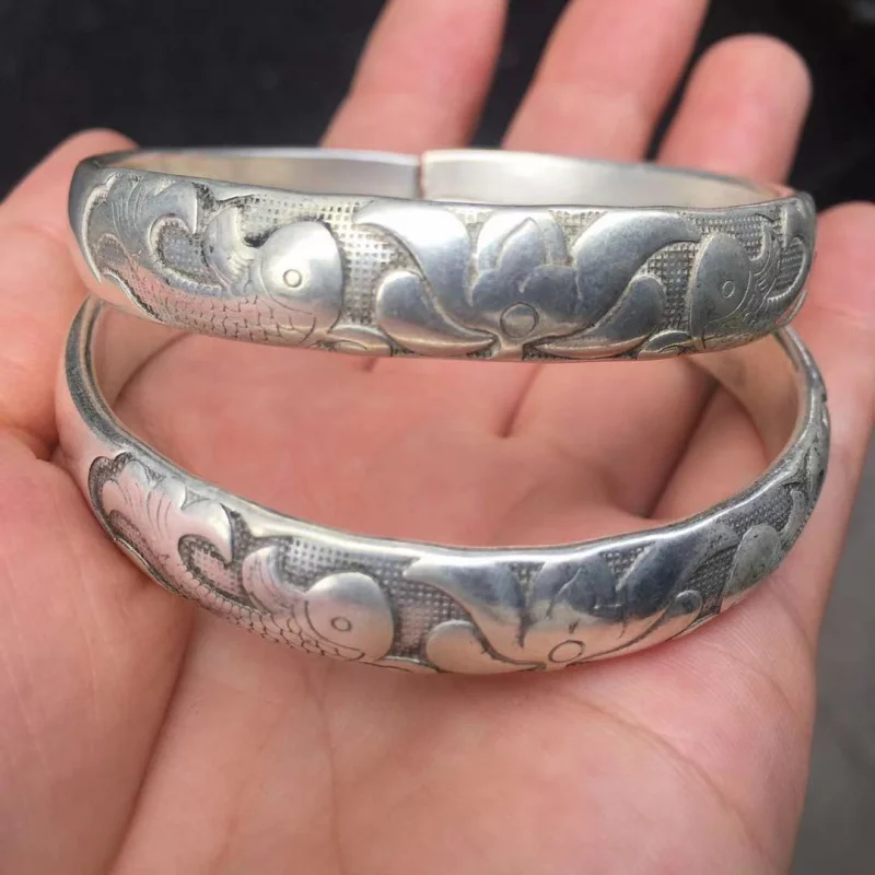

Tibetan Silver Bracelet Adjustable Open Mouth Continuous Prosperity Bracelet Golden Branch Jade Leaf Seedling Silver Bracelet Vi