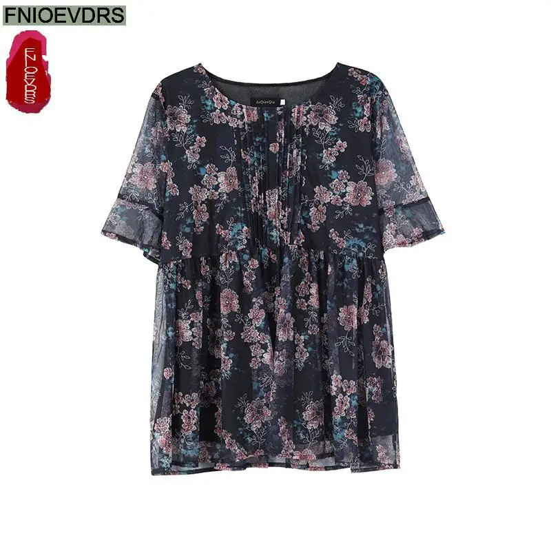 L-5XL Loose Clothes Women 2023 Summer Elegant Office Lady Long Shirts Casual Retro Vintage Ruffles Floral Peplum Tops Blouse