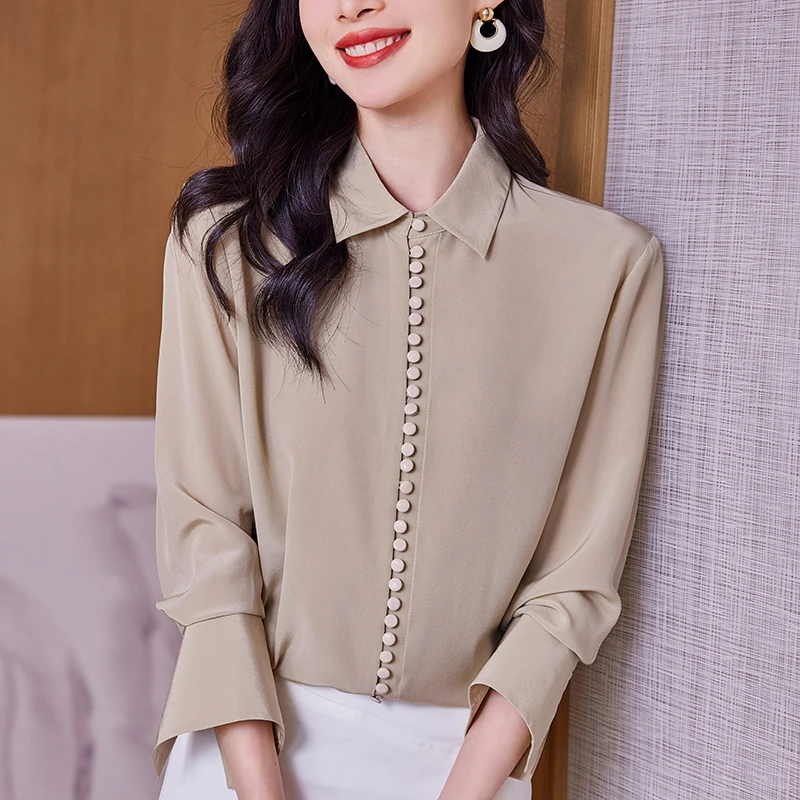 

New 100% Real Silk Women's White Black Shirt Elegant Fashion Shirts Blouses Women Long Sleeve Office Lady Solid Blouse Tops