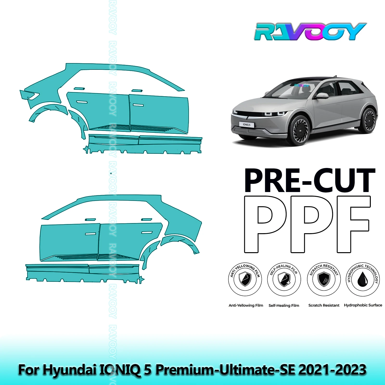 

For Hyundai IONIQ 5 Premium-Ultimate-SE 2021-2023 8.5mil Pre-Cut PPF Door & A/B Pillar Kit TPU Paint Protection Film Set