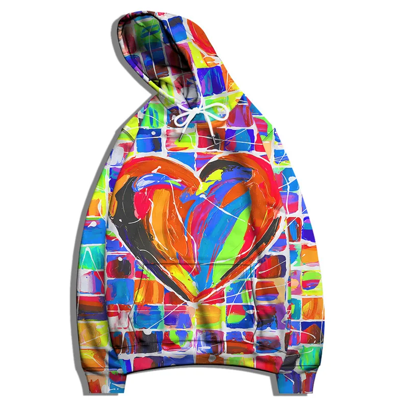 Colorful Lattice Love Heart Pattern Print Men Hooded Sweatshirt Women Casual Outdoor Tracksuit Pullover Male Hoodies Size S-6XL