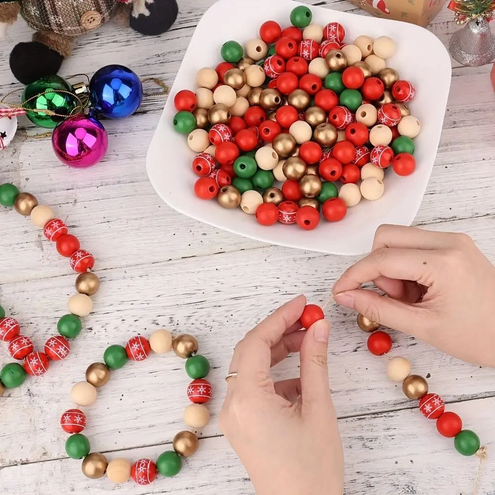 50pcs Snowflake Beads Christmas Color Wood Beads Christmas Tree Round Beads 16mm Handmade Beads Colourful Christmas Color