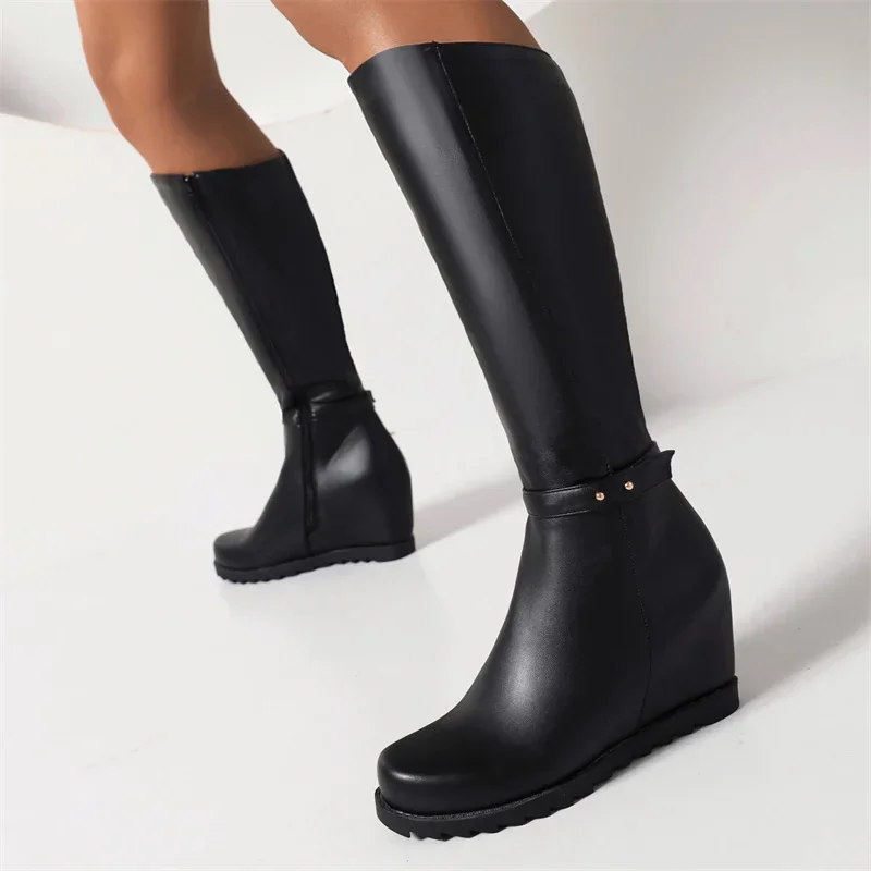 

YMECHIC/2021, осенние пикантные женские ботинки до середины икры, черные туфли на высоком каблуке, увеличивающие рост, с пряжкой и ремнем, женская обувь для вечеринок, Прямая поставка