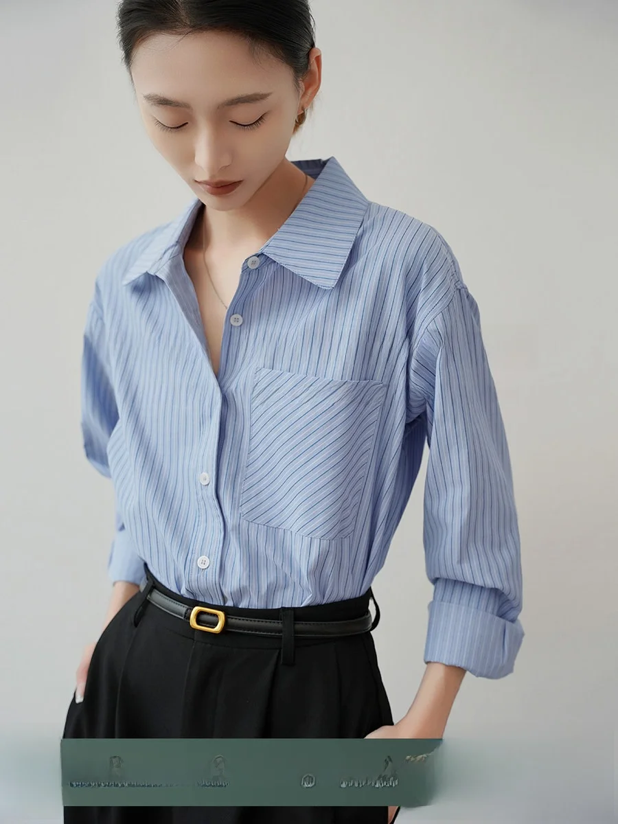 

Achu Blue Striped Loose Women's irt Commute Workwear Profional Fem Faion Spring Season Long Sve Button Design