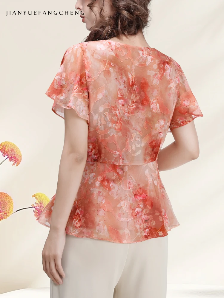 2024 Summer Women\'s Short Sleeve Floral Printed Chiffon Top Ruffle Blouse Slim V-neck Patchwork Female Casual Small Shirts