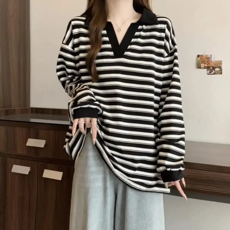 Oversized Women Clothing 2024 Autumn New Striped Long Sleeve Sweatshirts Female Casual Loose Turn-down Collar Patchwork T-Shirts