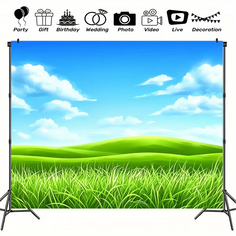 Blue Sky White Clouds Green Grass Tapestry Outdoor Patio Garden Wall Hanging Decor Spring Summer Nature Landscape Flat Printing
