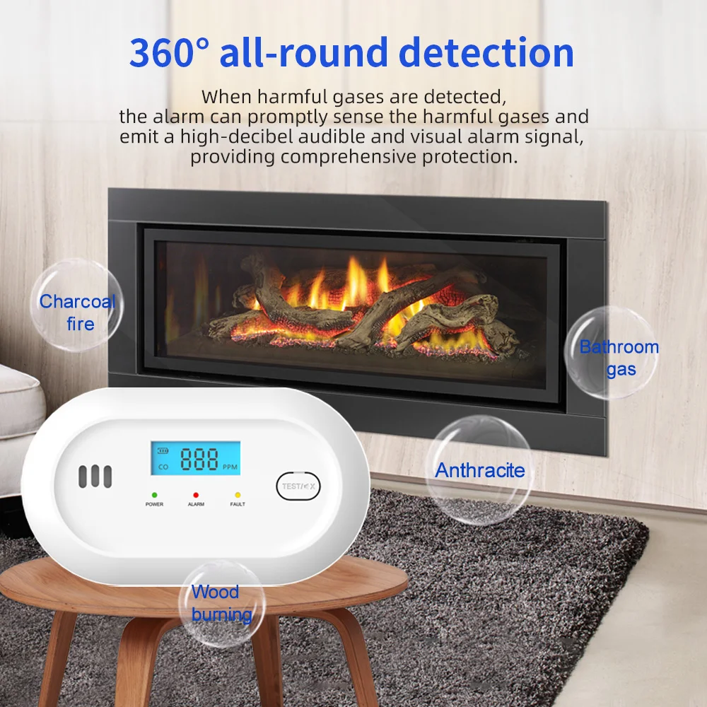 مستشعر إنذار ثاني أكسيد الكربون المستقل كاشف إنذار أول أكسيد الكربون 85dB تحذير عالي الحساسية شاشة LCD كهروضوئية للفندق المنزلي