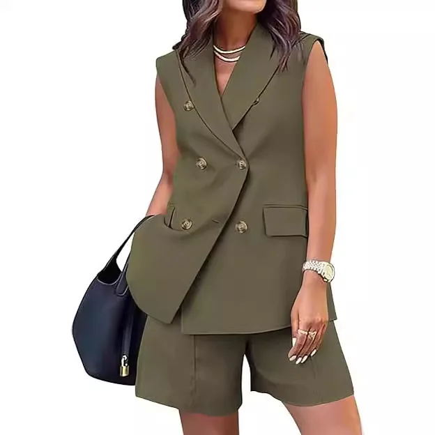 Women Sets Spring Summer Women Office Shorts Suit Set Solid Khaki Sleeveless Halter Outfit 2 Piece Matching Sets For Women 2026
