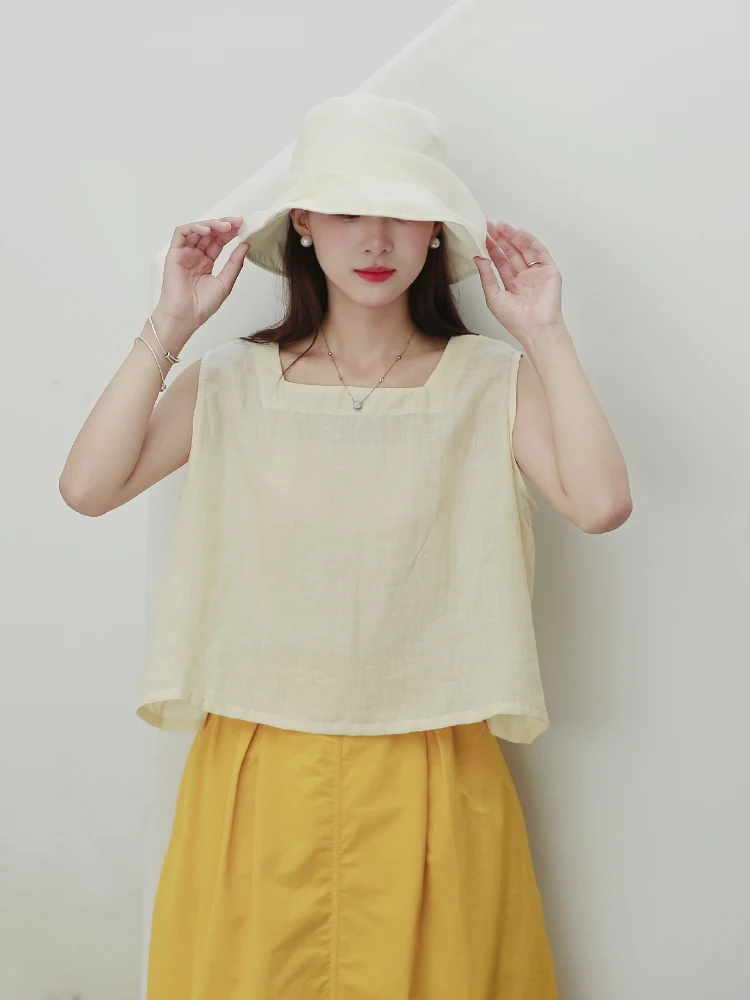 

Женский льняной топ Bla с квадратным вырезом, универсальный, свободного кроя, простой дизайн, без рукавов, весна-лето