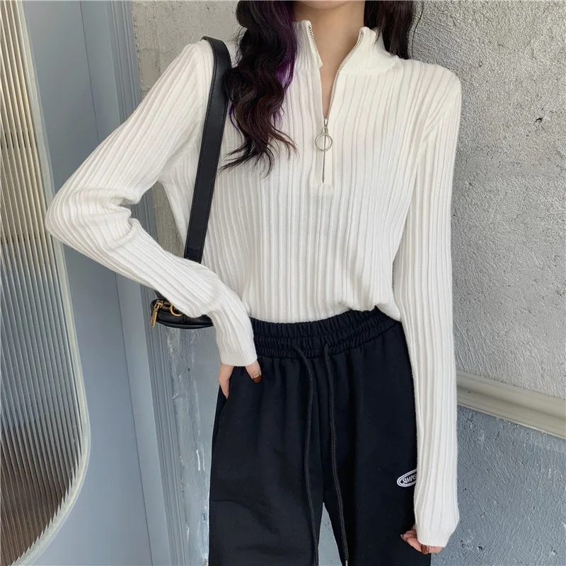 

Half Zippers Knitting Sweater Women Autumn Winter Slim Solid Color Bottoming Shirts Casual Simple Ladies Sweater