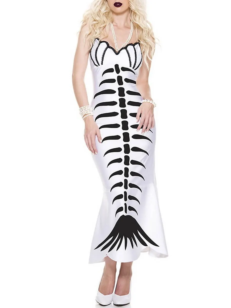 

Women Halloween Fishtail Dress Fishbone Print Summer Sleeveless Party Dress for Cocktail Beach Streetwear