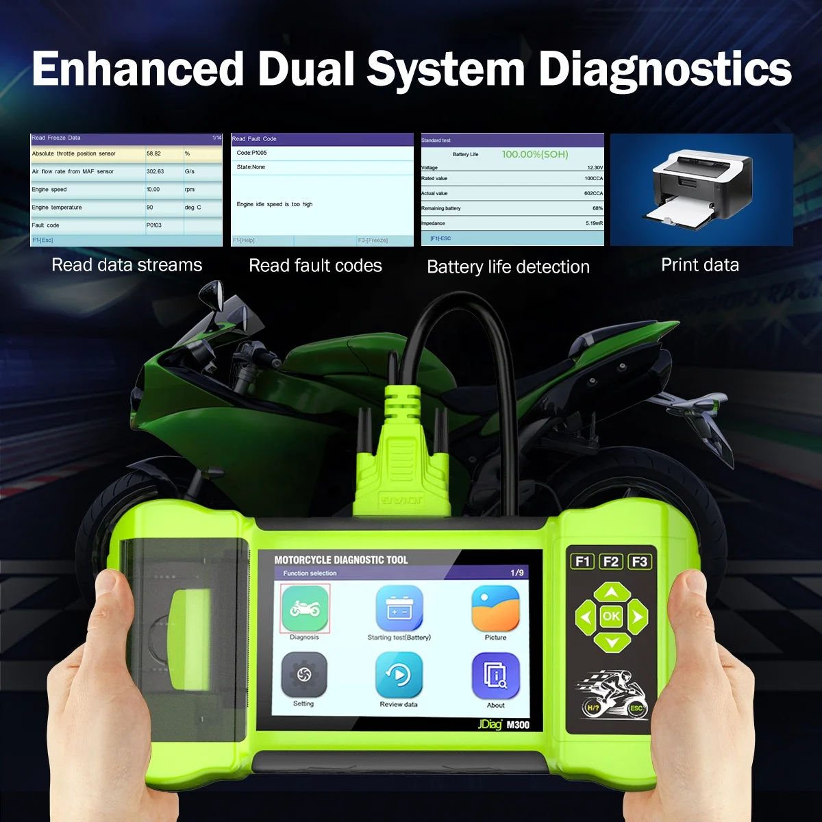 New Jdiag M300 Motorcycle Diagnostic Scanner Handheld Diagnostic Motorcycle Universal 12V Battery tester