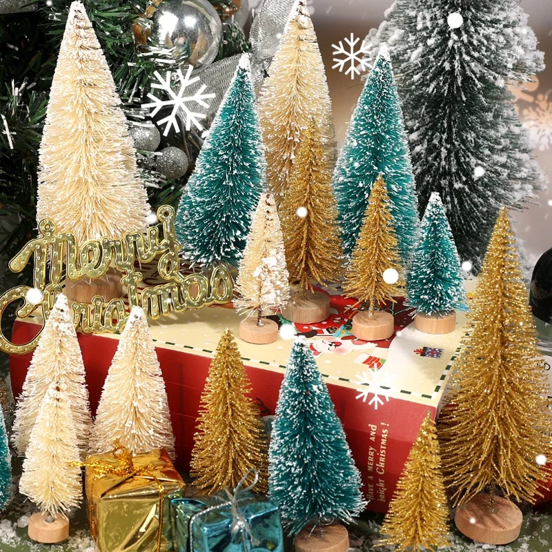 9/27pcs Frost Artificial Christmas Tree Mini Miniature Pine Tree Wood Base New Year Xmas Tabletop Ornaments DIY Craft Decoration