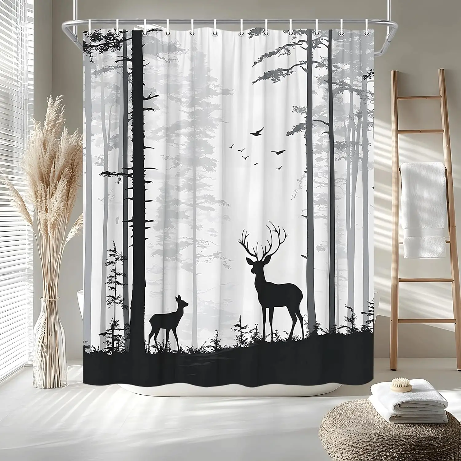 

Занавеска для душа в деревенском стиле с изображением оленя, силуэт соснового леса, семейная ткань, аксессуары для ванной комнаты, декор с крючками